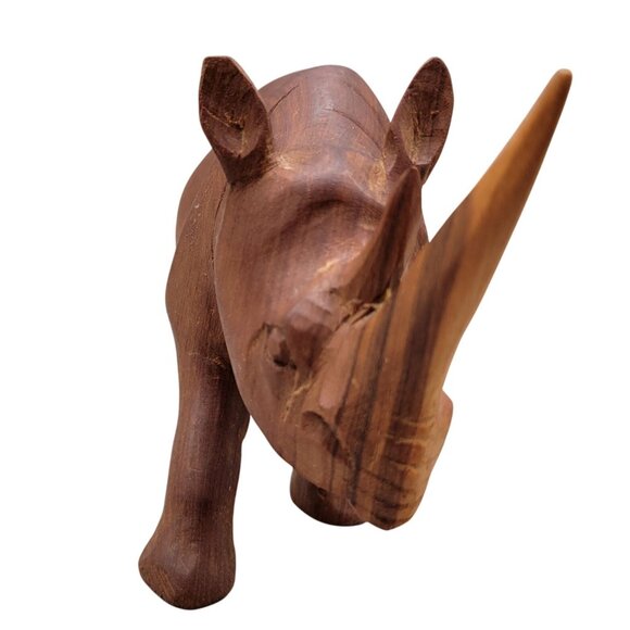 Carved Teak Wood Rhino Figurine African Wildlife Sculpture - Picture 5 of 7